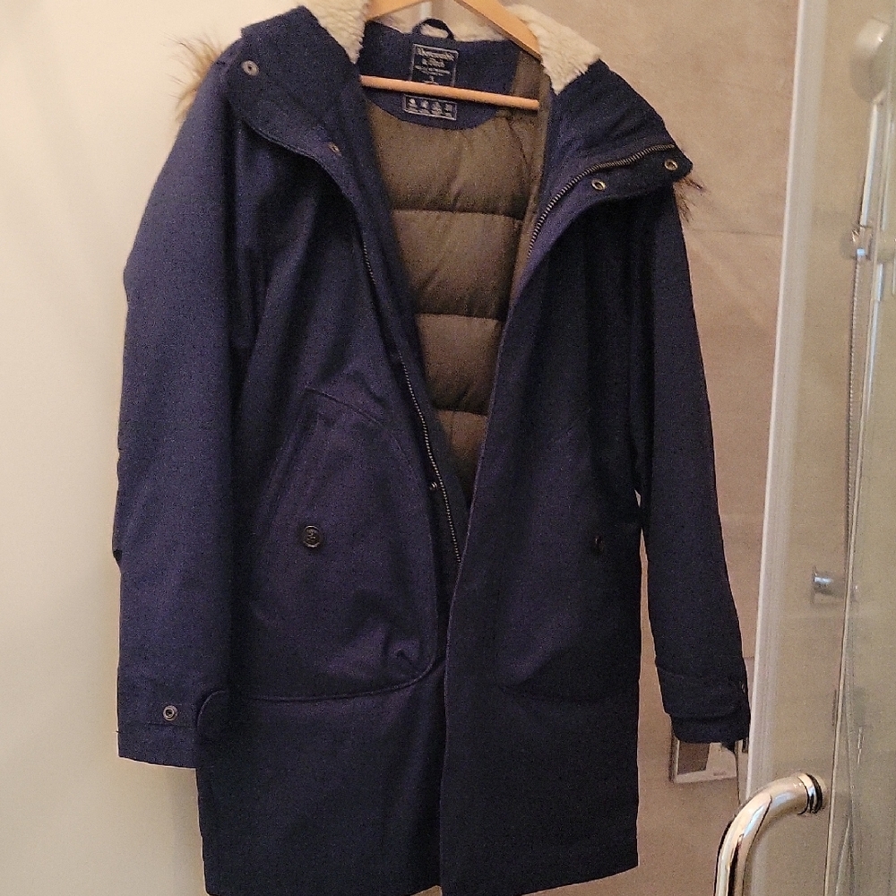 Navy Blue Parka Coat with Fur Trim